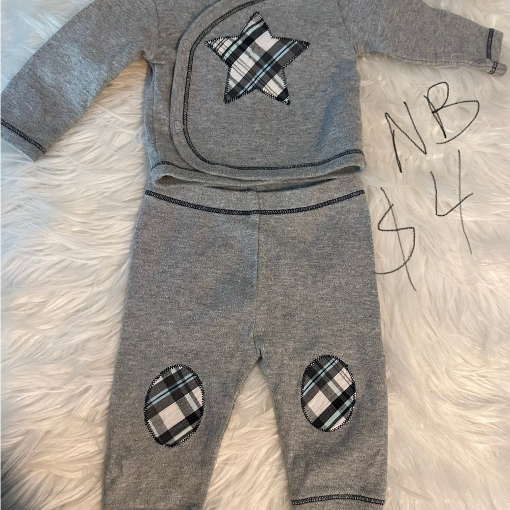 Gray Baby Outfit with Plaid Star and Patches